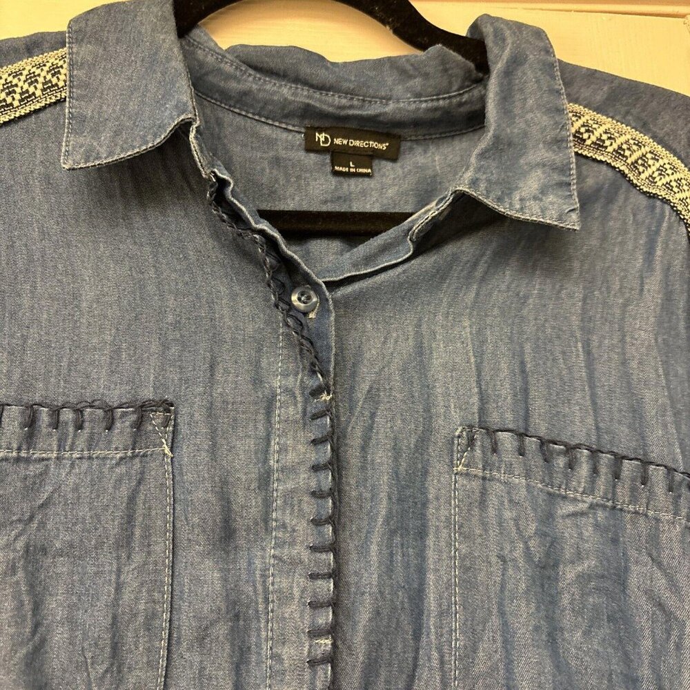 New Directions Dress Womens L Blue 100% Cotton Long Sleeve Button Up Casual - Picture 5 of 9